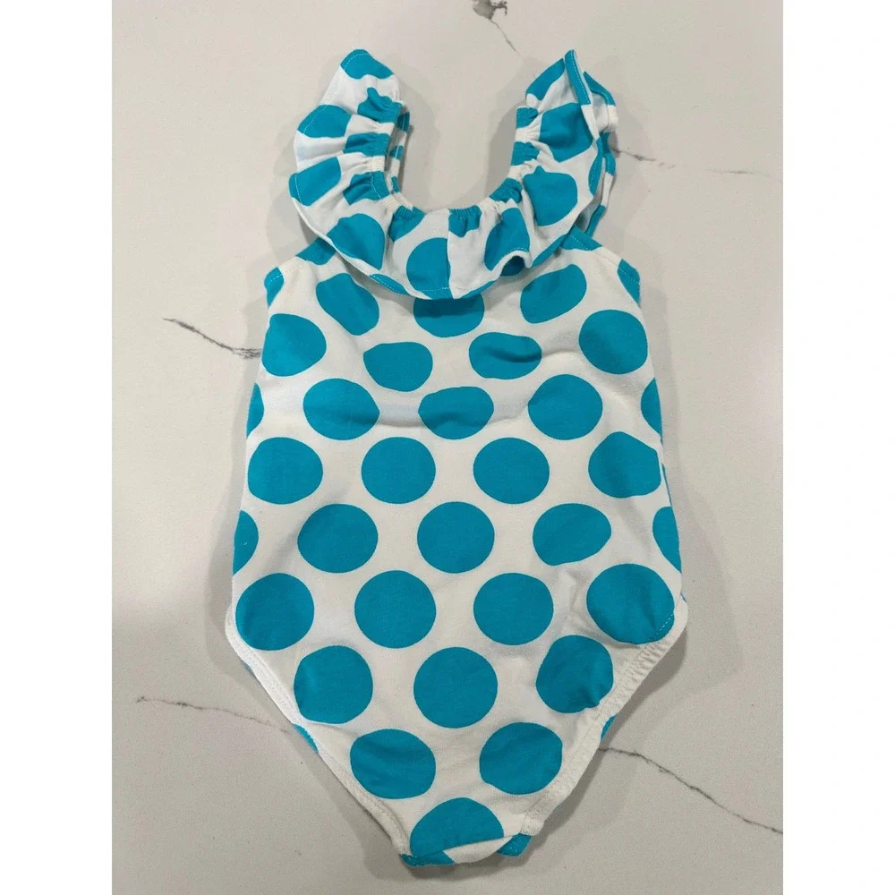 Kellys Kids Cali‎ Tank Girls One Piece Swimsuit Teal Blue Polka Dot Ruffle 3-4